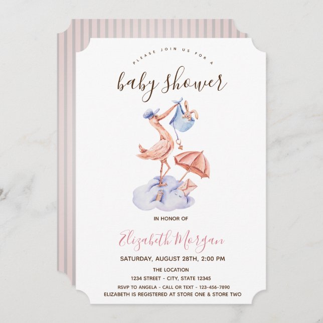 Invitación Stork Little Bunny Pink Stripes Baby Shower (Anverso / Reverso)