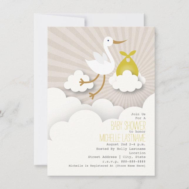 Invitación Stork + nubes Baby Shower - Amarillo (Anverso)