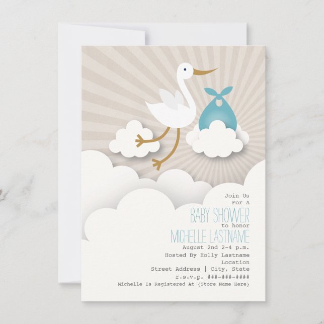 Invitación Stork + nubes Baby Shower - Azul (Anverso)