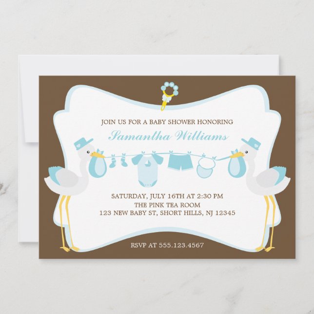 Invitación Stork Special Delivery Boy Baby Shower (Anverso)