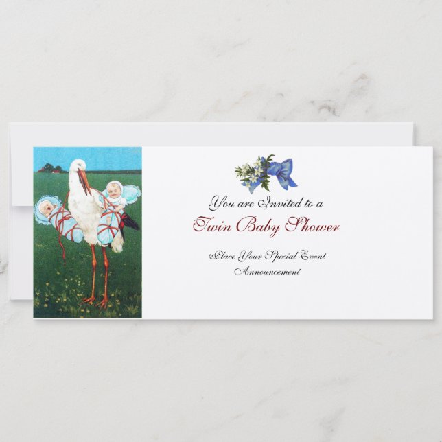 Invitación STORK TWIN BABY BOY SHOWER Champagne Metallic (Anverso)