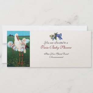Invitación STORK TWIN BABY BOY SHOWER Champagne Metallic