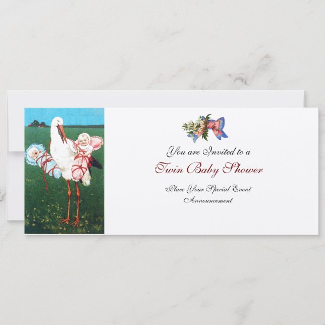 Invitación STORK TWIN BABY SHOWER , champán metálico (Anverso)