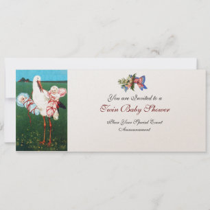 Invitación STORK TWIN BABY SHOWER , champán metálico