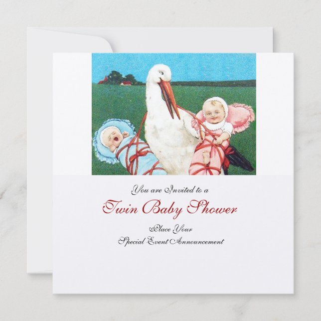 Invitación STORK TWIN BABY SHOWER , champán metálico (Anverso)