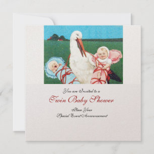 Invitación STORK TWIN BABY SHOWER , champán metálico