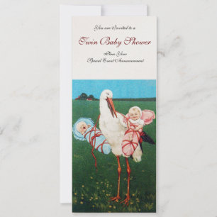 Invitación STORK TWIN BABY SHOWER , champán metálico
