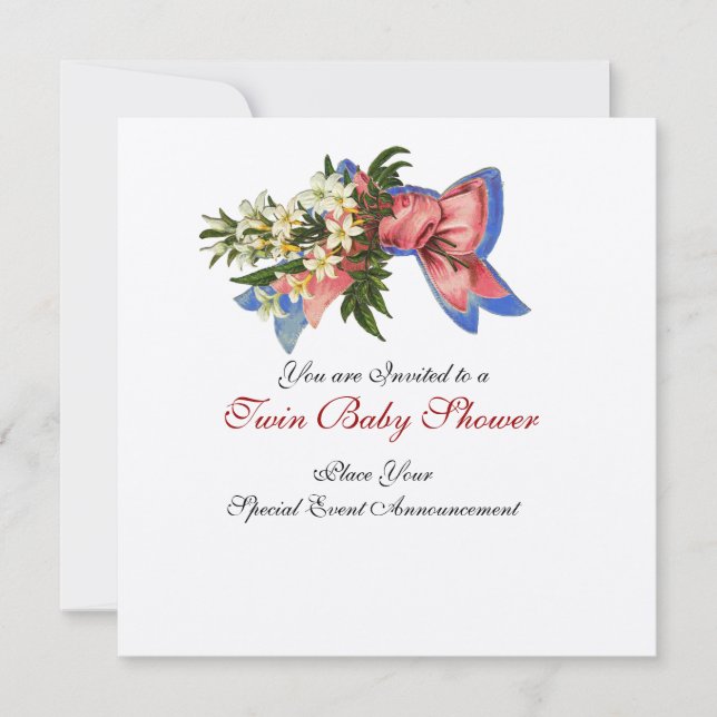 Invitación STORK TWIN BABY SHOWER , champán metálico (Anverso)