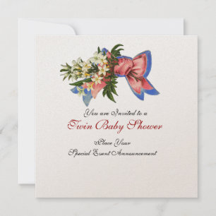 Invitación STORK TWIN BABY SHOWER , champán metálico