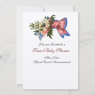 Invitación STORK TWIN BABY SHOWER , champán metálico