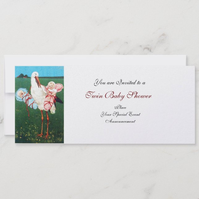 Invitación STORK TWIN BABY SHOWER White Pearl Metallic Paper (Anverso)