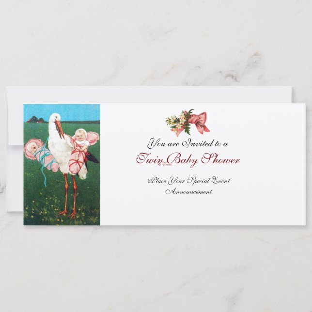 Invitación STORK TWIN BEBÉ CHICA DUCHA Champagne Metallic (Anverso)