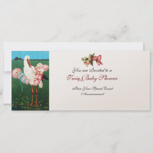 Invitación STORK TWIN BEBÉ CHICA DUCHA Champagne Metallic