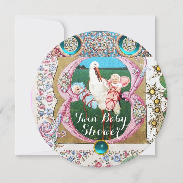 INVITACIÓN STORK TWIN BOY - CHICA BABY SHOWER, GEMSTONES FLOR (Anverso)