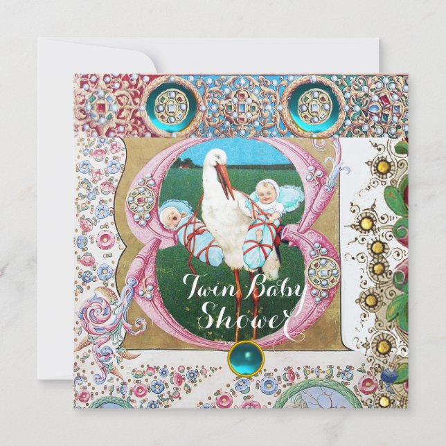 INVITACIÓN STORK TWIN BOYS BABY SHOWER, GEMSTONES FLORALES (Anverso)