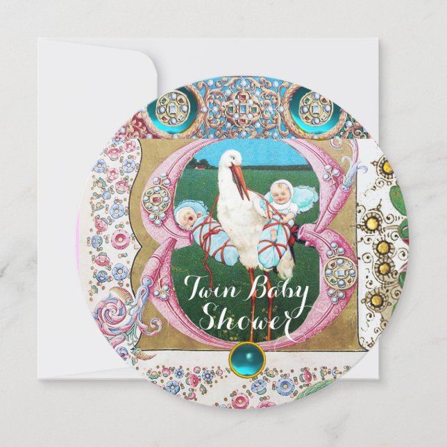 INVITACIÓN STORK TWIN BOYS BABY SHOWER, GEMSTONES FLORALES (Anverso)