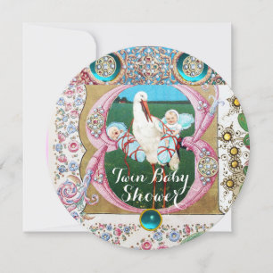 INVITACIÓN STORK TWIN BOYS BABY SHOWER, GEMSTONES FLORALES