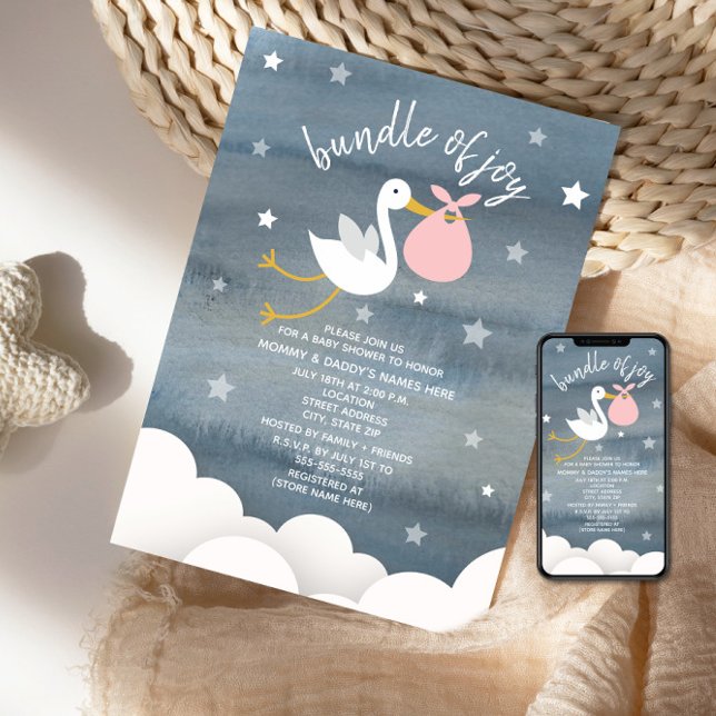 Invitación Stork With Pink Bundle Stars Baby Shower (Subido por el creador)