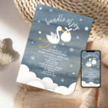 Invitación Stork With White Bundle Stars Baby Shower<br><div class="desc">Una invitación a bañarse en una ducha con un fondo de color azul oscuro inspirado en una acuarela con un texto blanco rodeado de estrellas y ilustraciones de nubes blancas y una cigüeña con un paquete blanco. Personaliza con detalles de tu ocasión.</div>