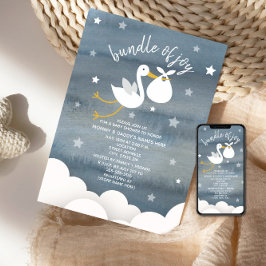 Invitación Stork With White Bundle Stars Baby Shower