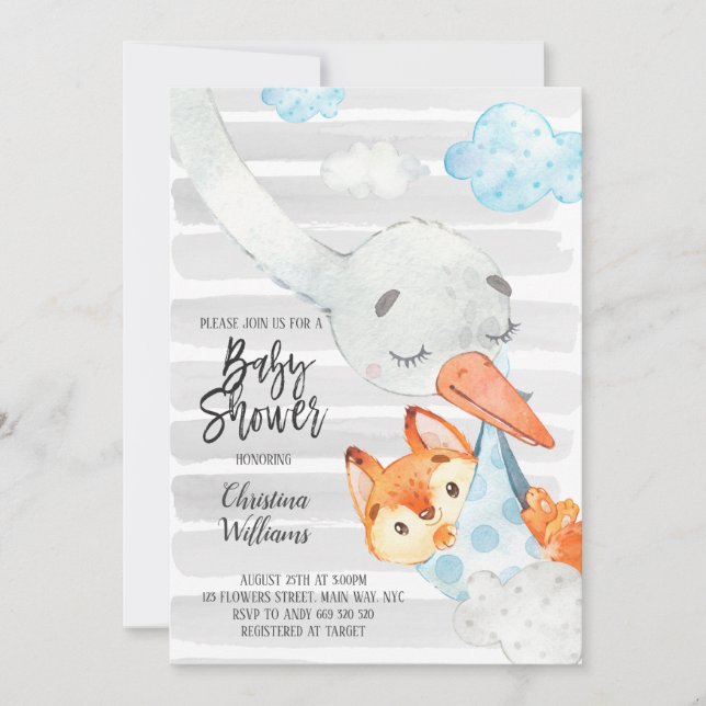 Invitación Stork y Fox Cub Boy Baby Shower Blue & Grey Cute (Anverso)