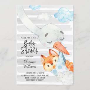 Invitación Stork y Fox Cub Boy Baby Shower Blue & Grey Cute