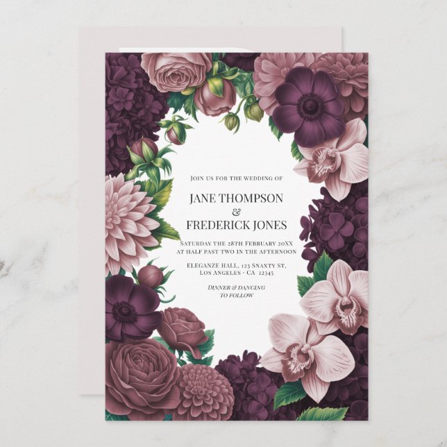Invitación Storm Plum, Graphite Rose & Antique Blush Wedding (Anverso / Reverso)