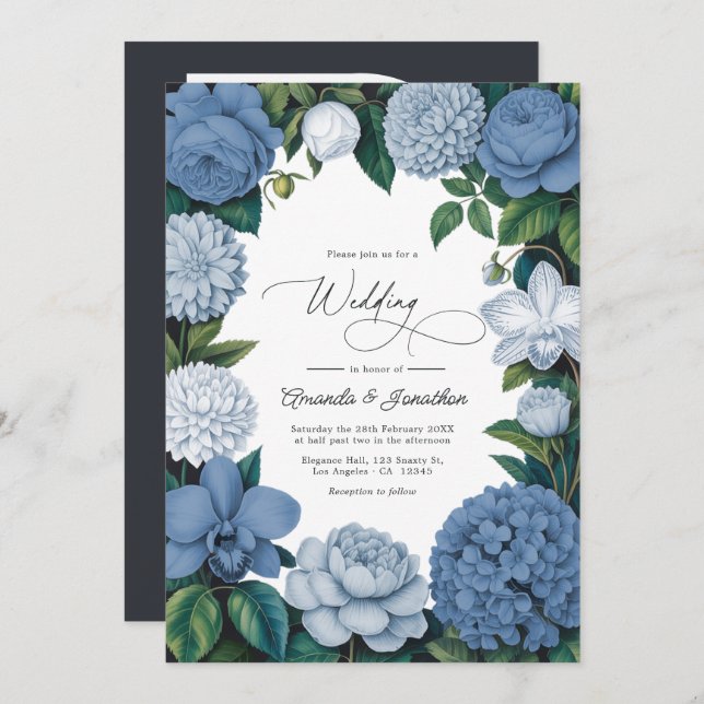 Invitación Stormy Blue, Steel Mist & Winter Pearl Wedding (Anverso / Reverso)