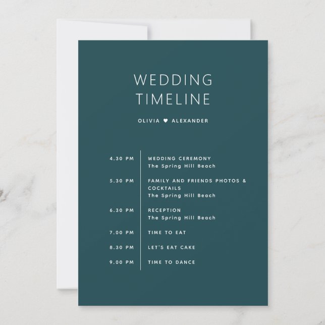 Invitación Stormy Teal Wedding Timeline | Elegant Schedule (Reverso)