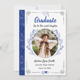 Invitación Storybook Blooms Graduation Photo Card, Royal Blue