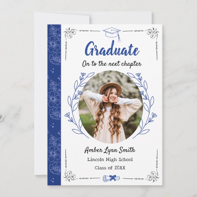 Invitación Storybook Blooms Graduation Photo Card, Royal Blue (Anverso)