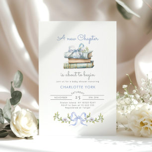 Invitación Storybook Blue Bow New Chapter Baby Shower