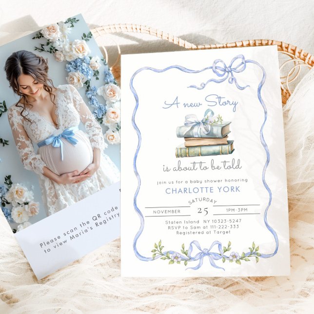 Invitación Storybook Blue Bow QR rsvp Baby Shower (Subido por el creador)