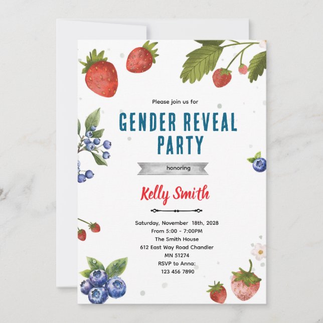 Invitación Strawberries and Blueberries Gender Reveal invite (Anverso)