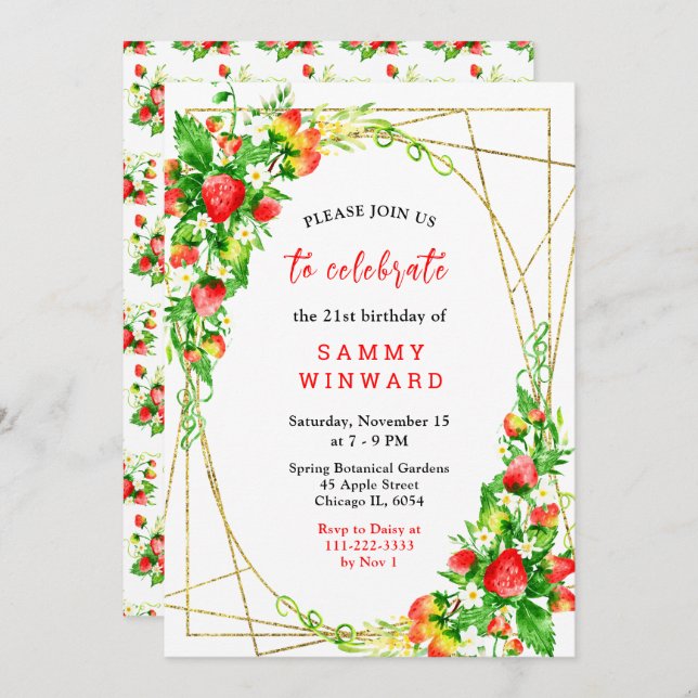 Invitación Strawberries and Daisies Birthday (Anverso / Reverso)