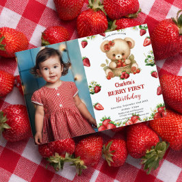 Invitación Strawberries Bear Berry Primera foto de cumpleaños