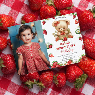 Invitación Strawberries Bear Berry Primera foto de cumpleaños