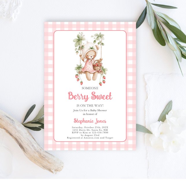 Invitación Strawberries Berry Sweet Bear Baby Shower Chica (Subido por el creador)