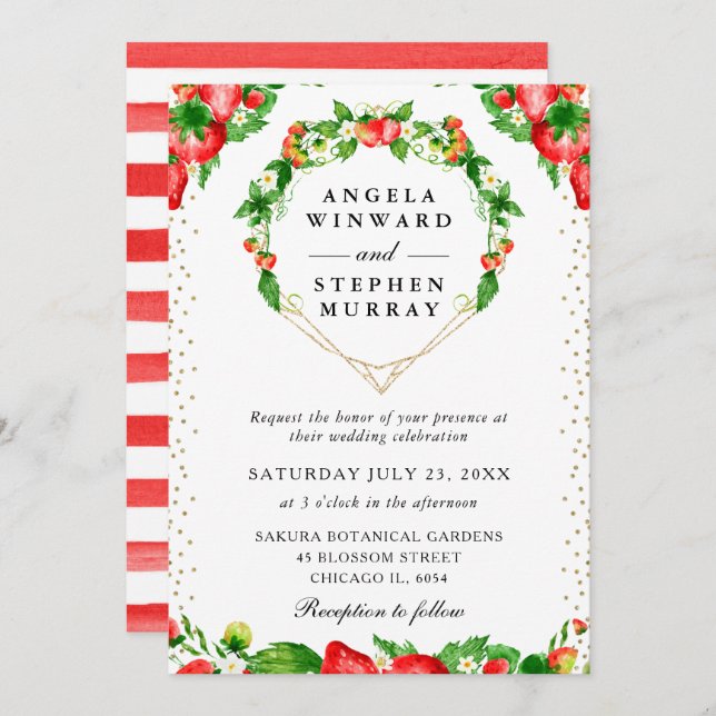 Invitación Strawberries Floral Heart Wreath Boda (Anverso / Reverso)