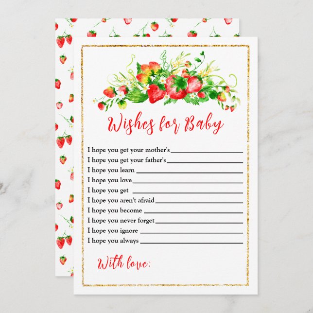 Invitación Strawberries Foliage Baby Shower Wishes For Baby (Anverso / Reverso)