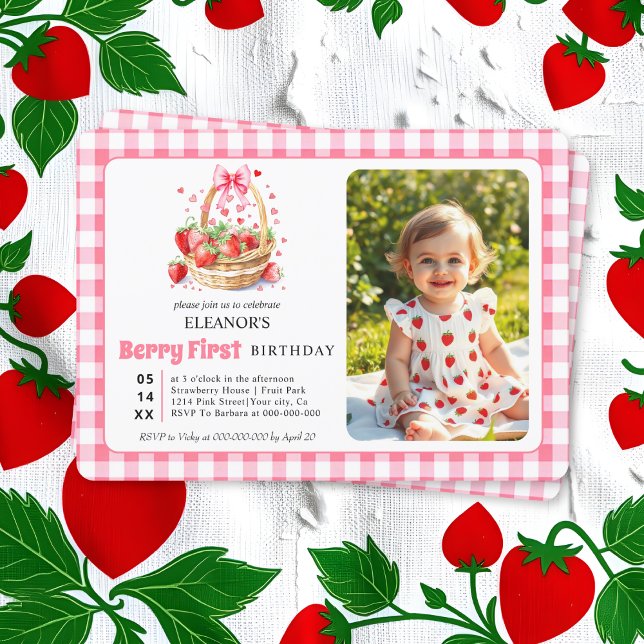 Invitación Strawberries, pink bow Berry First Birtday photo (Subido por el creador)