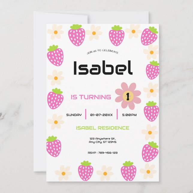 Invitación Strawberry 1st Birthday Invite First Berry Sweet (Anverso)