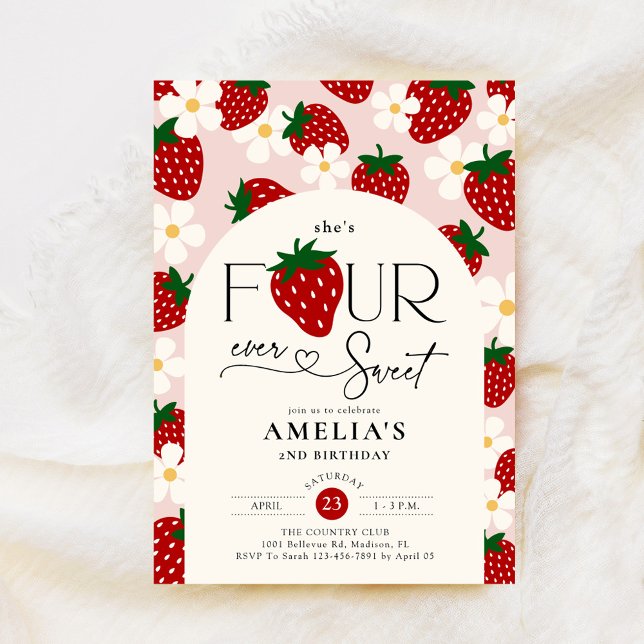 Invitación Strawberry 4th Birthday Four Ever Sweet (Subido por el creador)