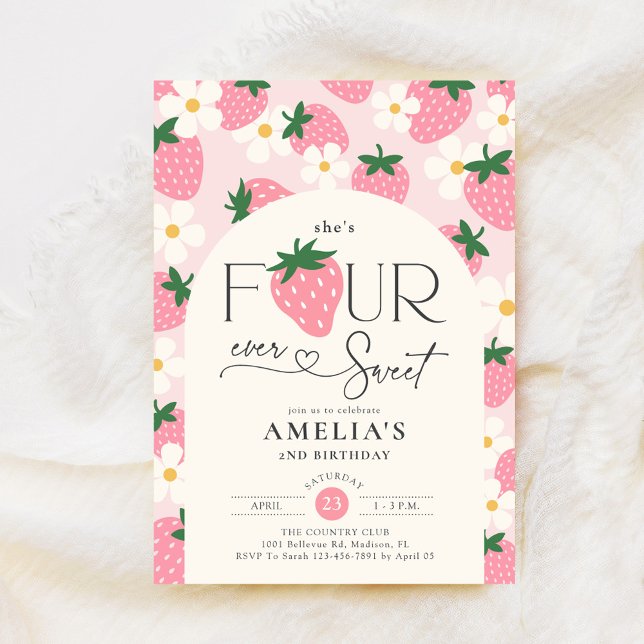 Invitación Strawberry 4th Birthday Four Ever Sweet Pink (Subido por el creador)