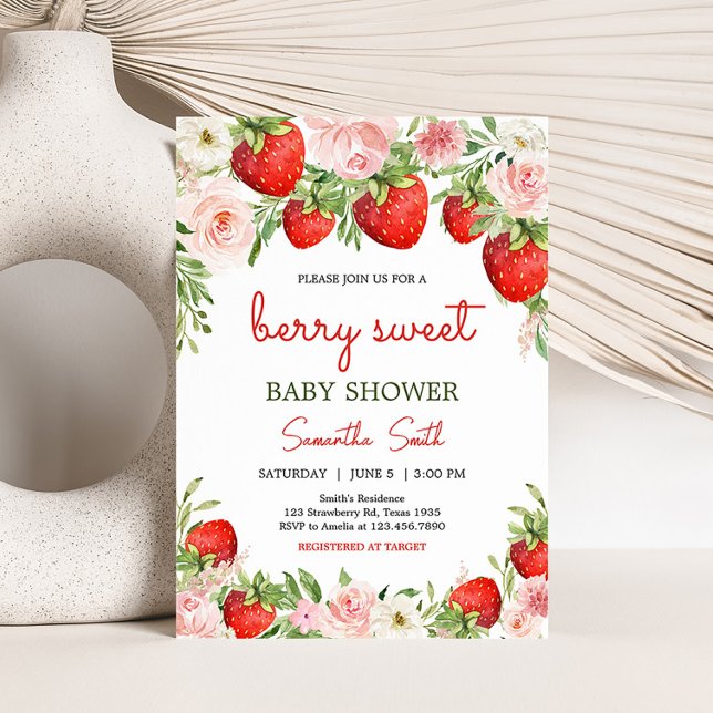 Invitación Strawberry Baby Shower (Pink Floral Strawberry Baby Shower Invitation)