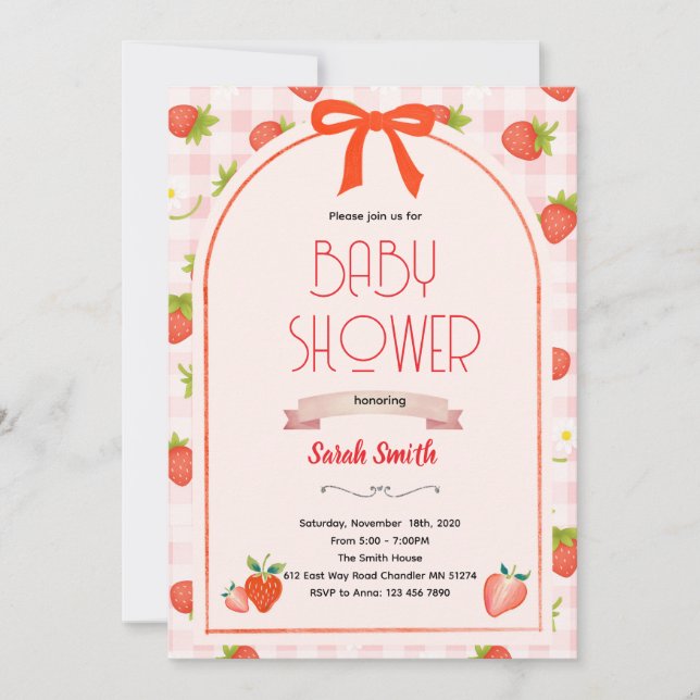 Invitación Strawberry baby shower invitation  (Anverso)