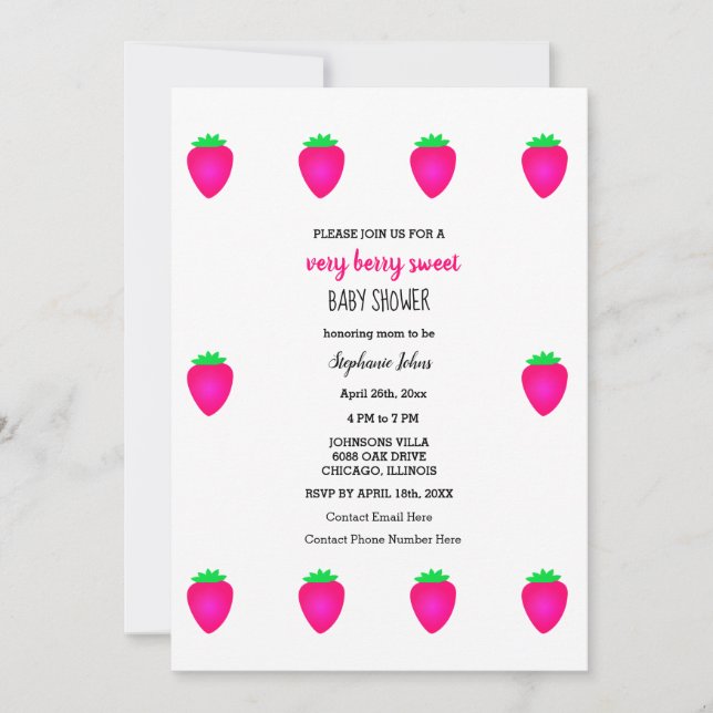 Invitación Strawberry Baby Shower Rosa Muy Berry Baby Girl (Anverso)