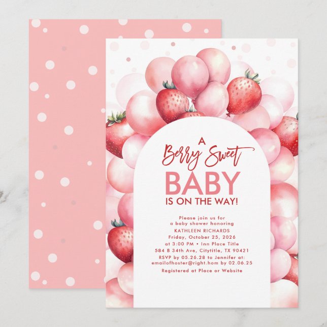 Invitación Strawberry Balloons Berry Sweet Baby Shower (Anverso / Reverso)