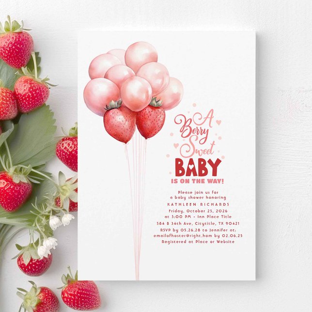 Invitación Strawberry Balloons Berry Sweet Baby Shower (A Berry Sweet Baby Is On The Way! Cute Strawberry Theme Baby Shower Invitations in Pink and Red)