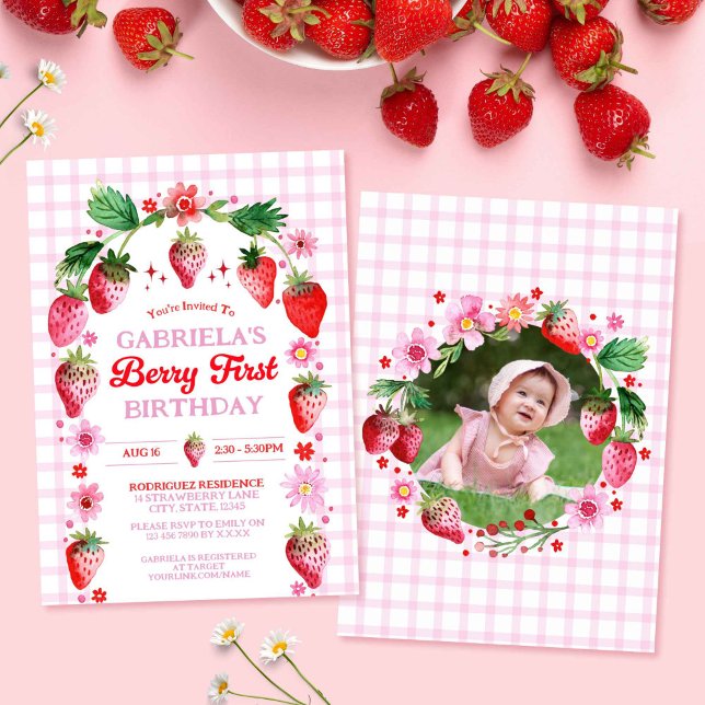 Invitación Strawberry Berry 1er cumpleaños acuarela Foto (Strawberry Berry 1st Birthday Watercolor Photo Invitation)